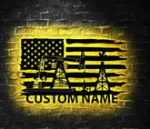 Custom Oil Field Name Sign Led Light - Personalized US Flag Oil Rig Metal Wall Art Decoration Hanging For Home