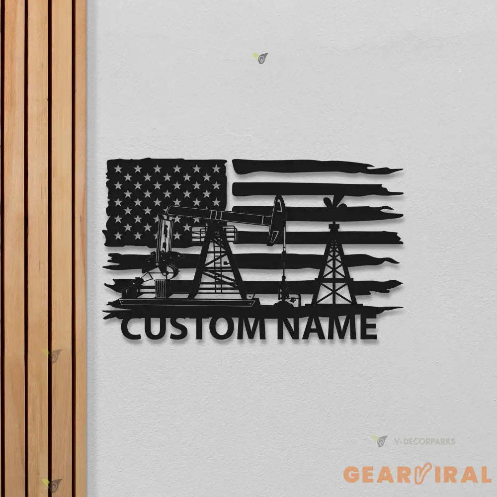 Custom Oil Field Name Sign Led Light - Personalized US Flag Oil Rig Metal Wall Art Decoration Hanging For Home