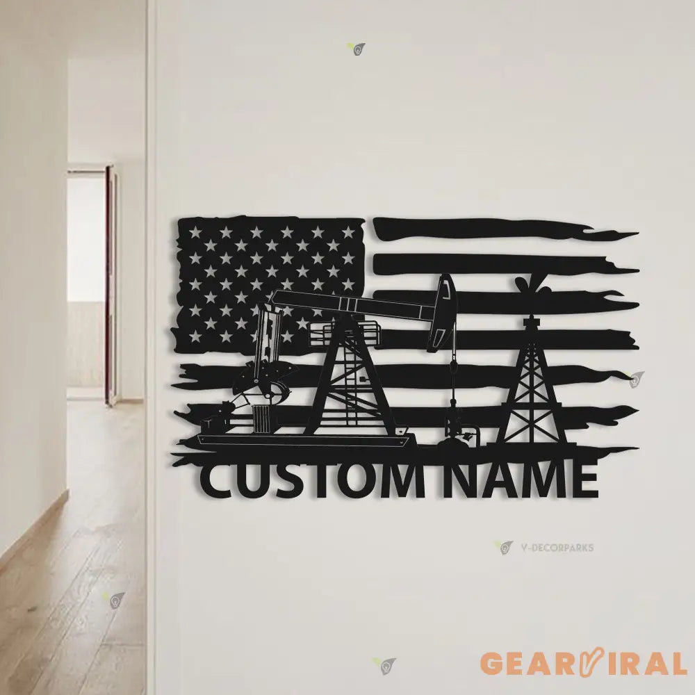 Custom Oil Field Name Sign Led Light - Personalized US Flag Oil Rig Metal Wall Art Decoration Hanging For Home