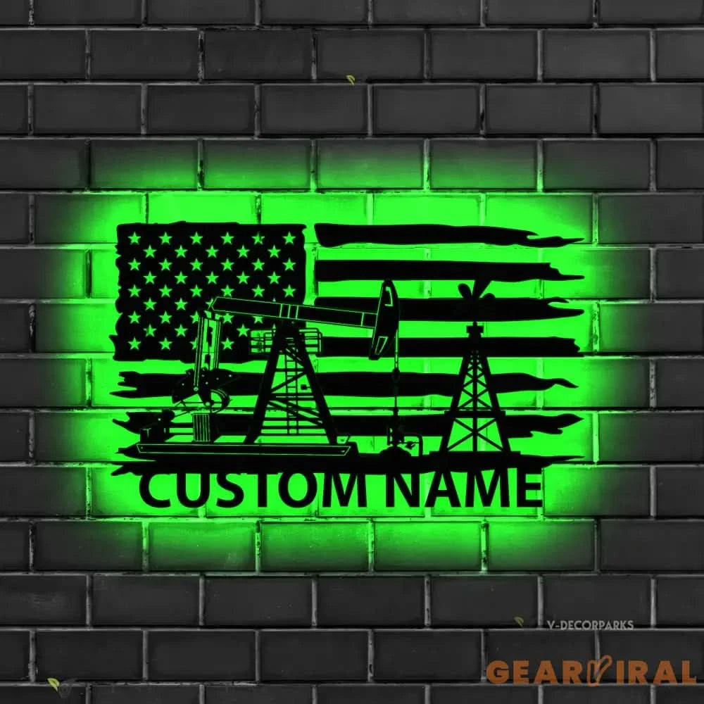 Custom Oil Field Name Sign Led Light - Personalized US Flag Oil Rig Metal Wall Art Decoration Hanging For Home
