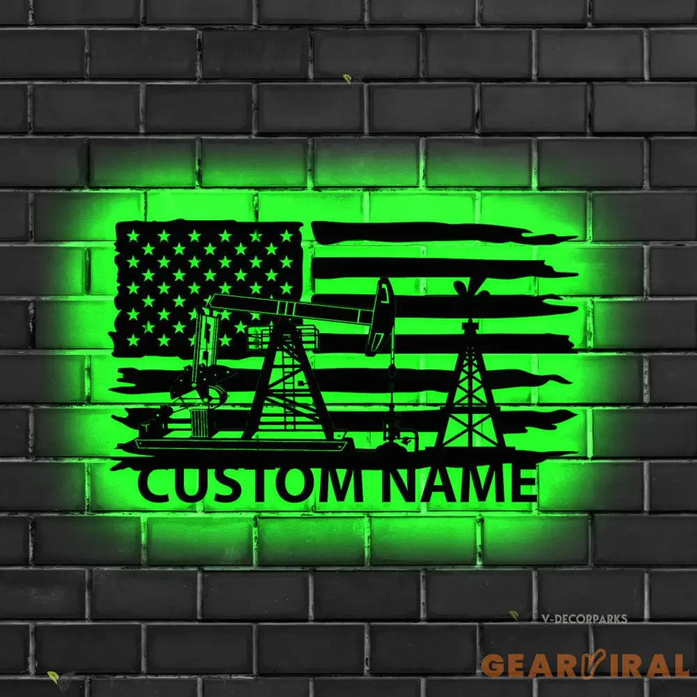 Custom Oil Field Name Sign Led Light - Personalized US Flag Oil Rig Metal Wall Art Decoration Hanging For Home
