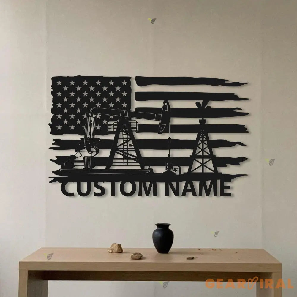 Custom Oil Field Name Sign Led Light - Personalized US Flag Oil Rig Metal Wall Art Decoration Hanging For Home