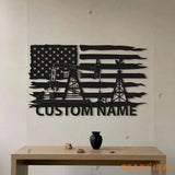 Custom Oil Field Name Sign Led Light - Personalized US Flag Oil Rig Metal Wall Art Decoration Hanging For Home