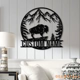 Custom Outdoor Bison Metal Sign with LED Lights – Personalized Buffalo Name Sign – Lone Bison Camp Decor & Gift for Him