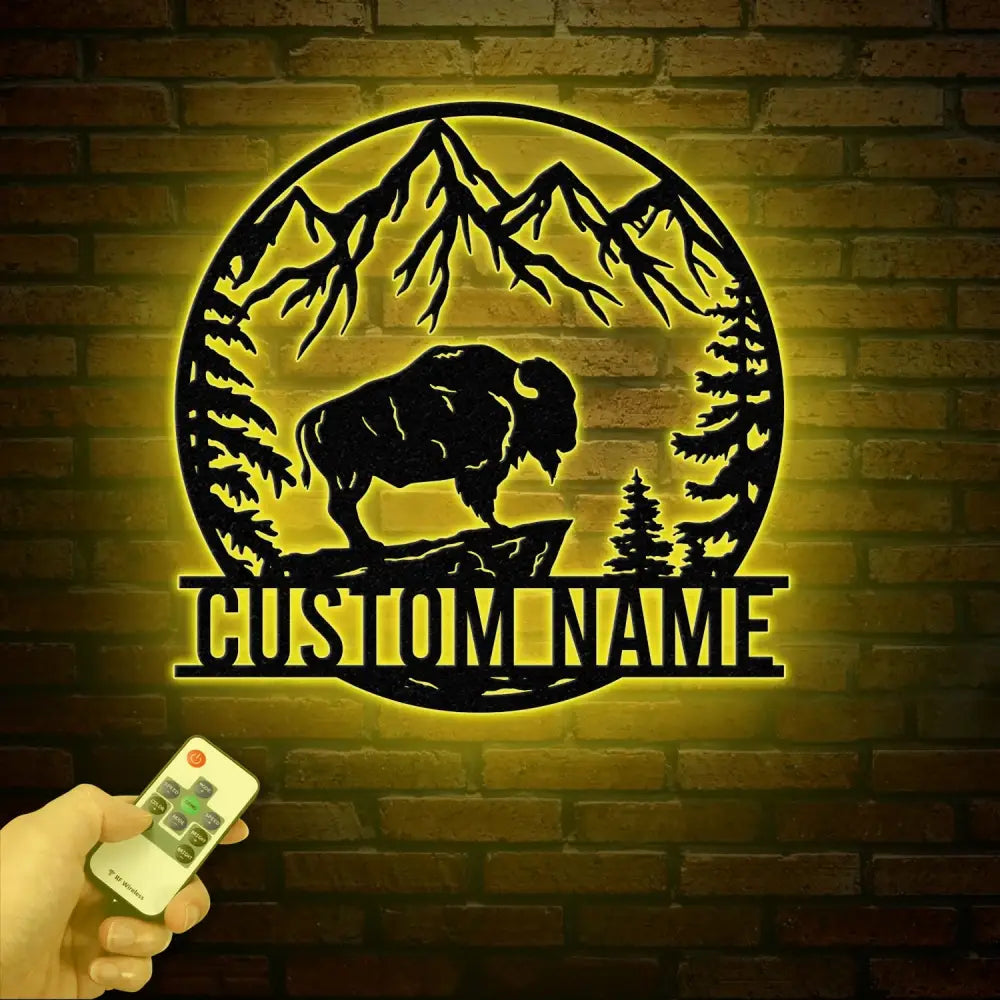 Custom Outdoor Bison Metal Sign with LED Lights – Personalized Buffalo Name Sign – Lone Bison Camp Decor & Gift for Him