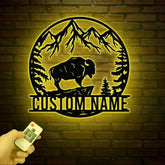 Custom Outdoor Bison Metal Sign with LED Lights – Personalized Buffalo Name Sign – Lone Bison Camp Decor & Gift for Him