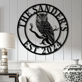 Custom Owl Metal Sign Personalized Outdoor Owl Decor Wildlife Metal Wall Art Rustic Family Name Sign Woodland Themed