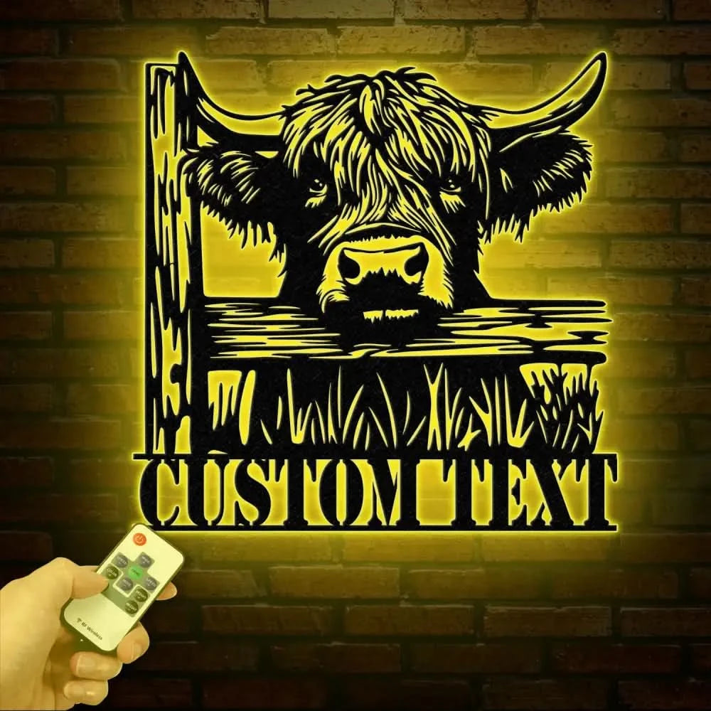 Custom Peeking Highland Cow Metal Sign with Led Light Highland Cow Metal Wall Art Personalized Peeking Highland Cow