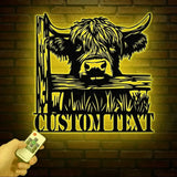 Custom Peeking Highland Cow Metal Sign with Led Light Highland Cow Metal Wall Art Personalized Peeking Highland Cow