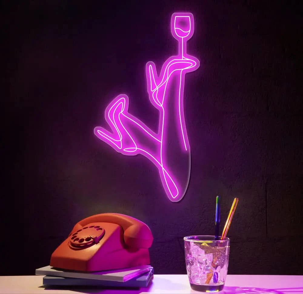 Custom Pink Neon Woman with Wine Glass Sign - LED Neon Wall Art for Bar Decor - Modern Lighting for Home Lounge or