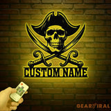 Custom Pirate Skull Metal Wall Art with LED Light Personalized Pirate Ship Name Sign Skeleton Home Decor Birthday &