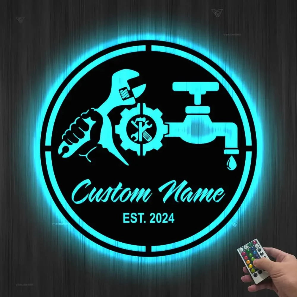 Custom Plumbing Metal Wall Art LED Light Personalized Plumber Name Sign Home Decor Repair Service Decoration Repairman