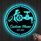 Custom Plumbing Metal Wall Art LED Light Personalized Plumber Name Sign Home Decor Repair Service Decoration Repairman