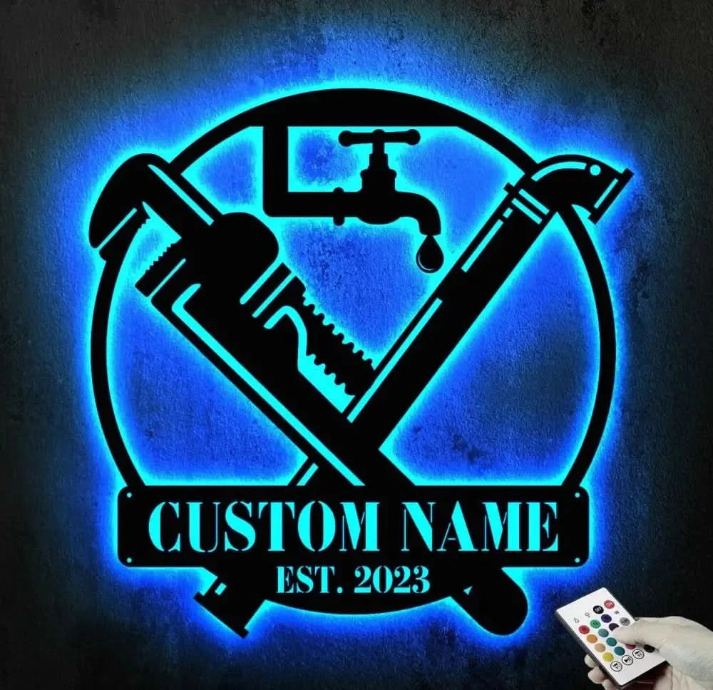Custom Plumbing Metal Wall Art LED Light - Personalized Plumber Name Sign Home Decor - Repair Service Decoration
