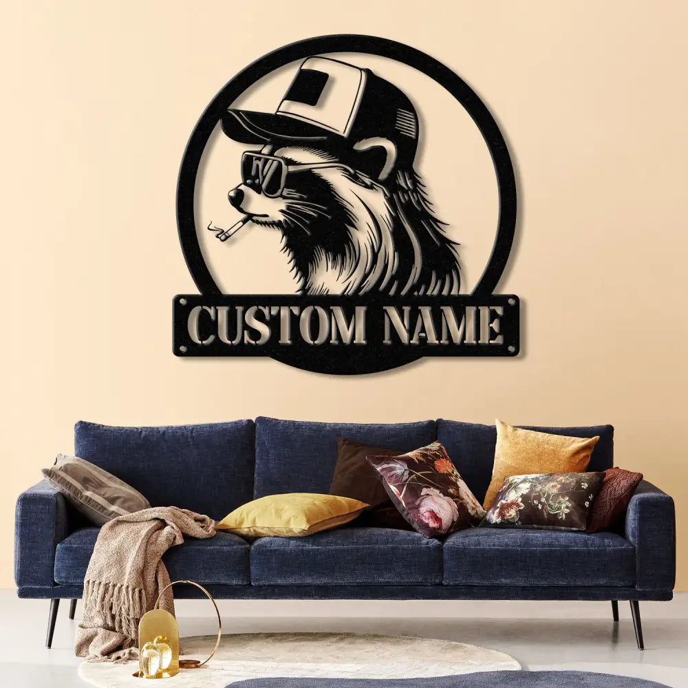Custom Raccoon Trucker Hat & Sunglasses Metal Sign with Led Light Personalized Raccoon Name Sign Wall Decor for Cabin