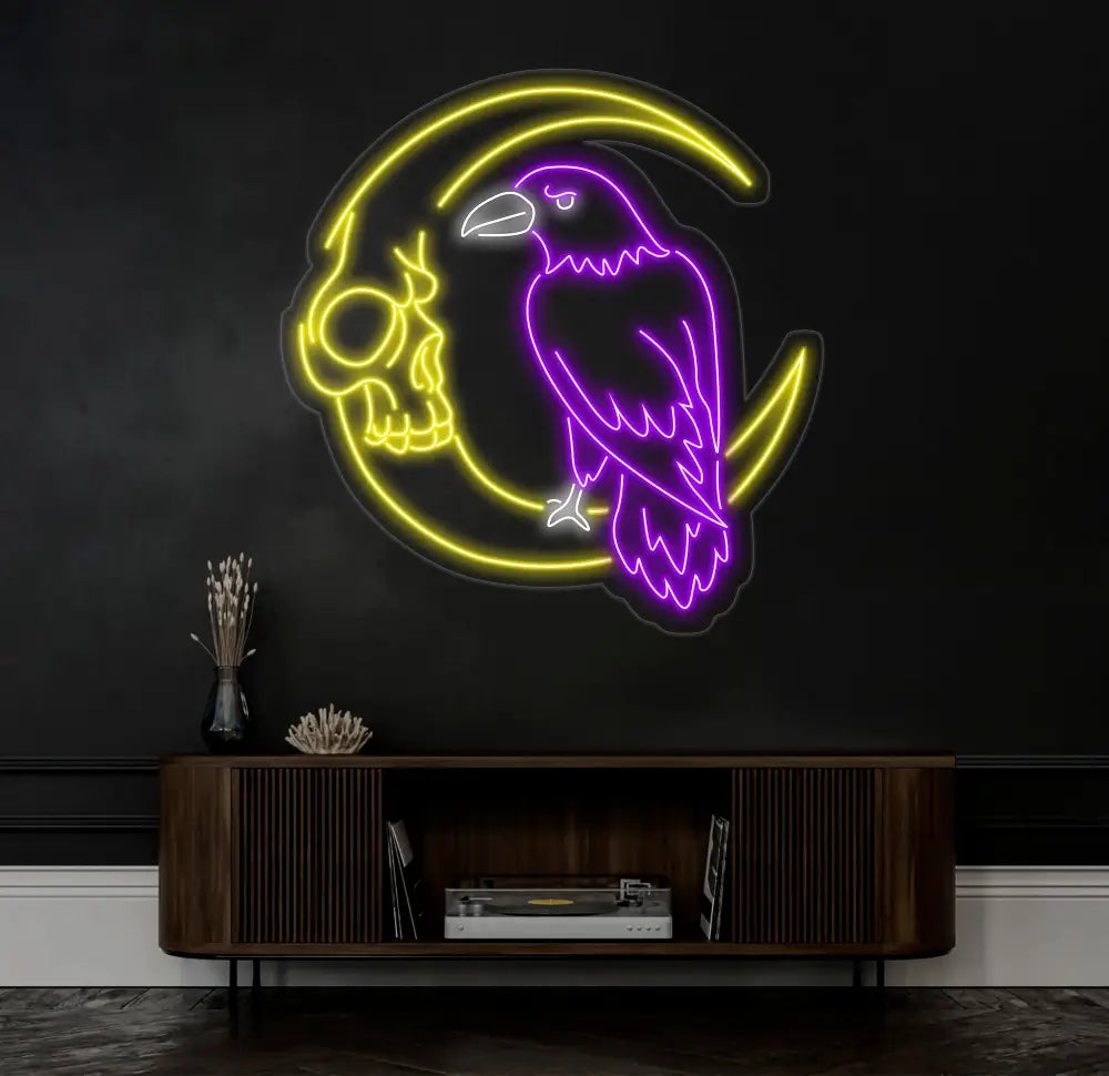 Custom Raven And Moon Skull Neon Sign Raven Led Sign Raven Neon Light Bird Led Light Animal Wall Art Light Gift for