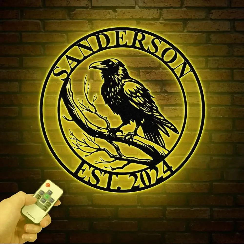 Custom Raven Metal Sign with Led Lights Personalized Black Crow Name Sign Metal Crow Wall Art Raven Birdwatch Decor
