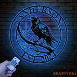 Custom Raven Metal Sign with Led Lights Personalized Black Crow Name Sign Metal Crow Wall Art Raven Birdwatch Decor