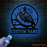 Custom Raven Metal Sign with Led Lights Personalized Black Crow Name Sign Metal Crow Wall Art Raven Birdwatch Decor