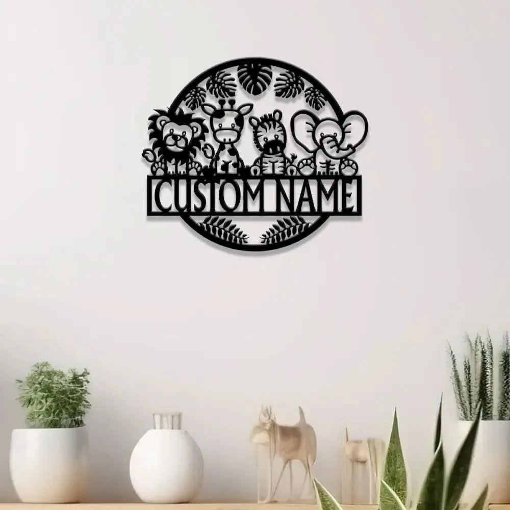 Custom Safari Animals Name Sign Metal Safari Sign Metal Wall Art Safari Nursery Decor Animal Name Sign Kid’s Nursery