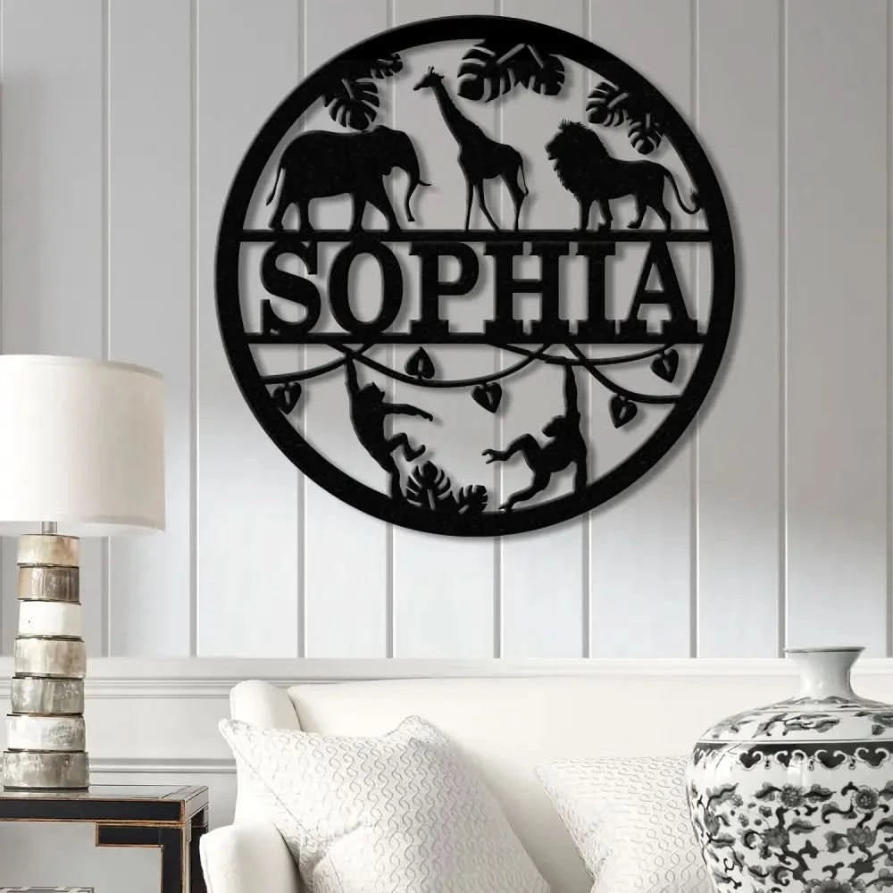 Custom Safari Animals Name Sign Metal Safari Sign Metal Wall Art Safari Nursery Decor Animal Name Sign Kid’s Nursery