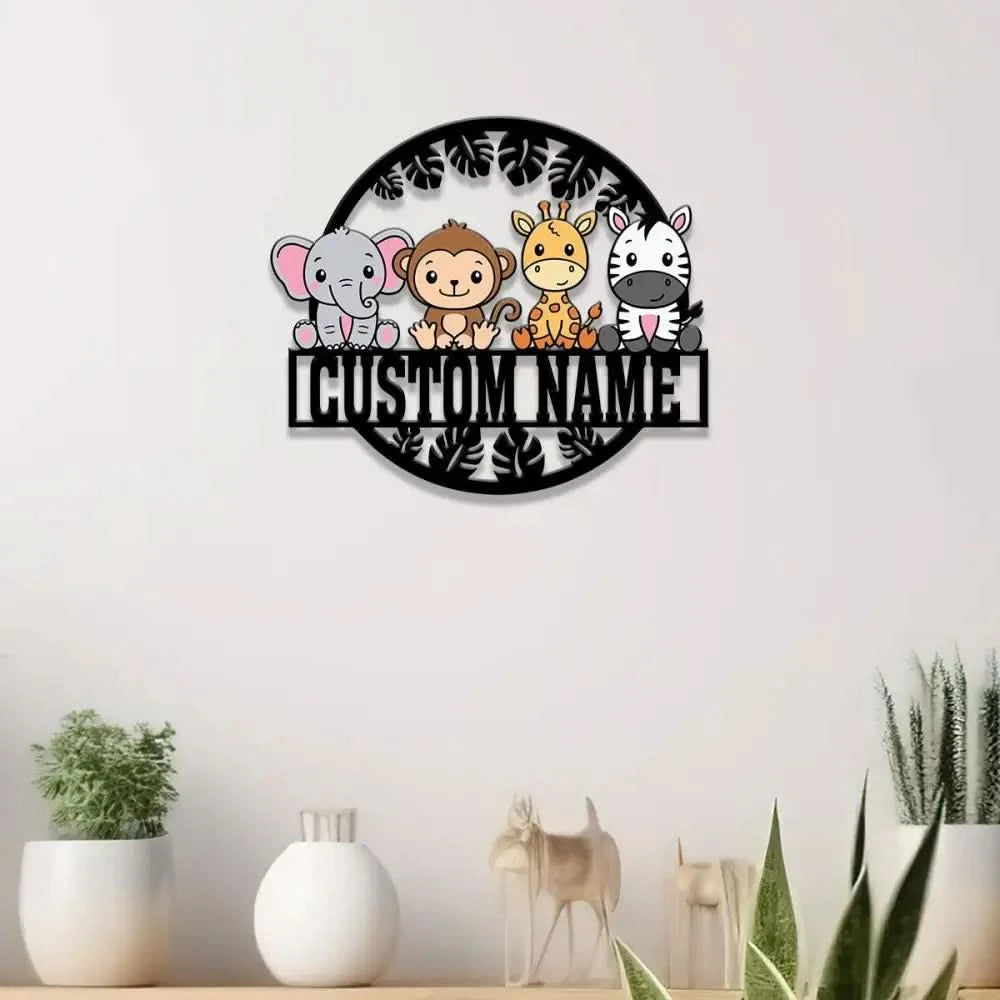 Custom Safari Animals Name Sign Metal Safari Sign Metal Wall Art Safari Nursery Decor Animal Name Sign Kid’s Nursery