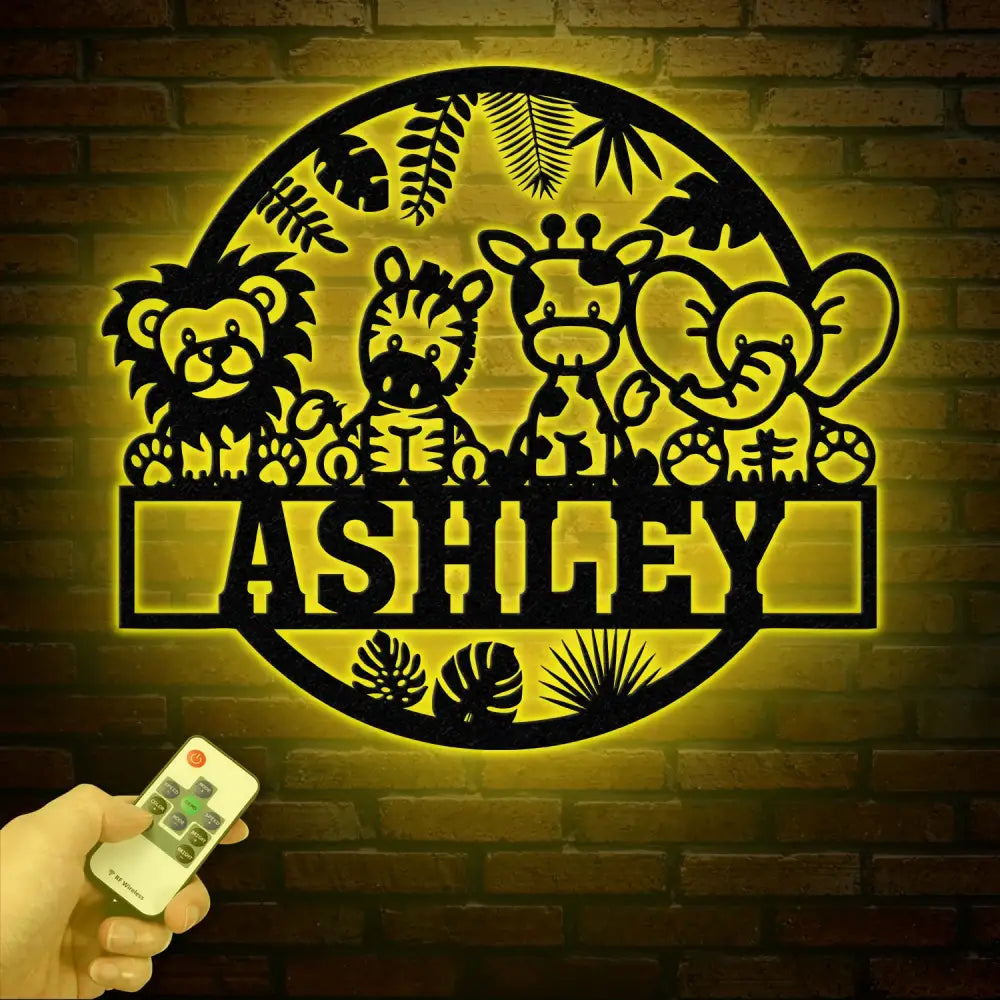 Custom Safari Animals Name Sign with Led Light Metal Safari Sign Safari Nursery Decor Animal Name Sign Kid’s Nursery