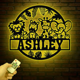 Custom Safari Animals Name Sign with Led Light Metal Safari Sign Safari Nursery Decor Animal Name Sign Kid’s Nursery