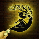 Custom Samurai Cat Wall Art with Led Lights Personalized Cute Samurai Cat Metal Sign Japanese Art Decor Cat Sign Decor