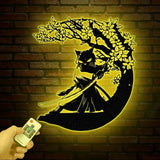 Custom Samurai Cat Wall Art with Led Lights Personalized Cute Samurai Cat Metal Sign Japanese Art Decor Cat Sign Decor