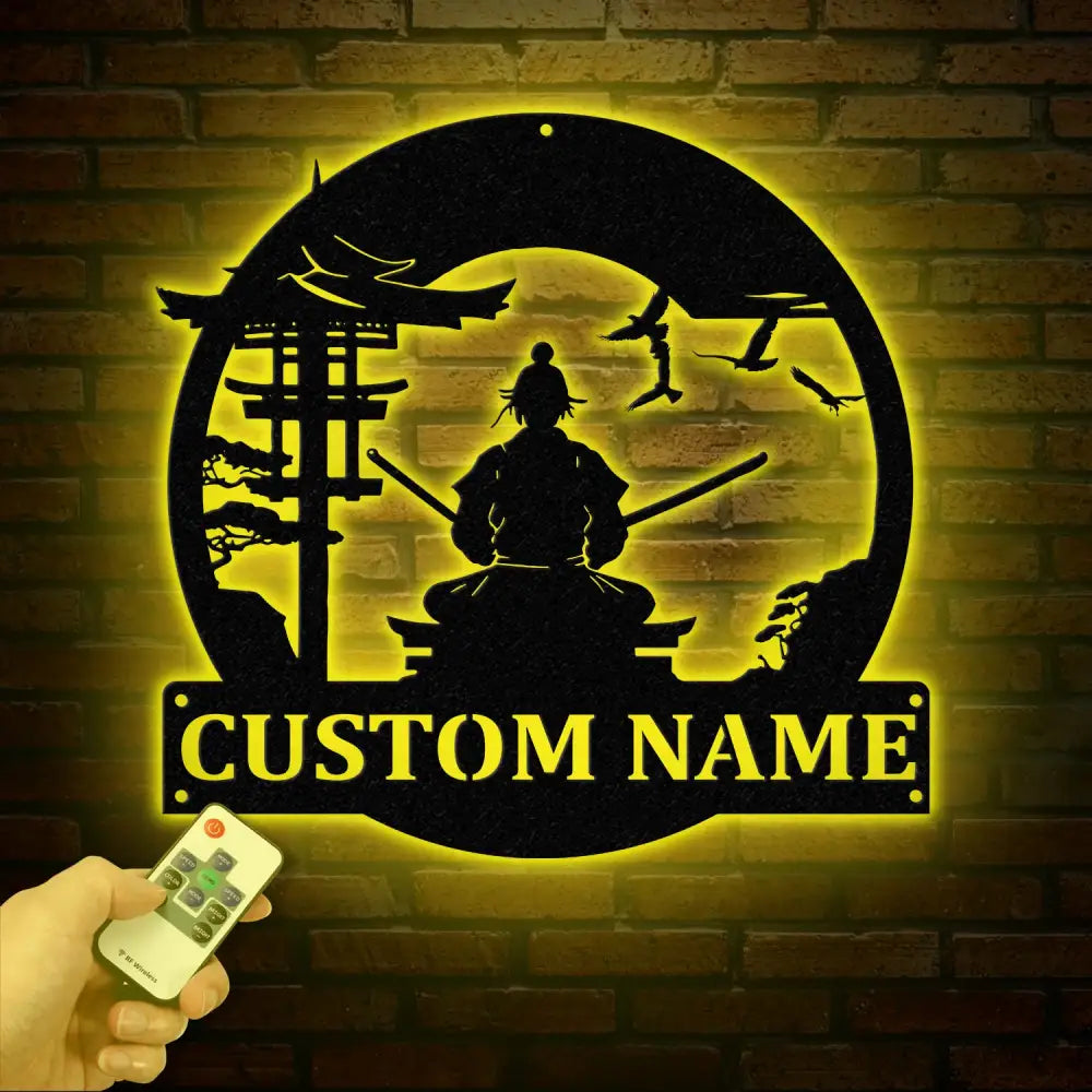 Custom Samurai Metal Wall Art with LED Lights Personalized Japanese Warrior Silhouette Decor Man Cave Night Light or