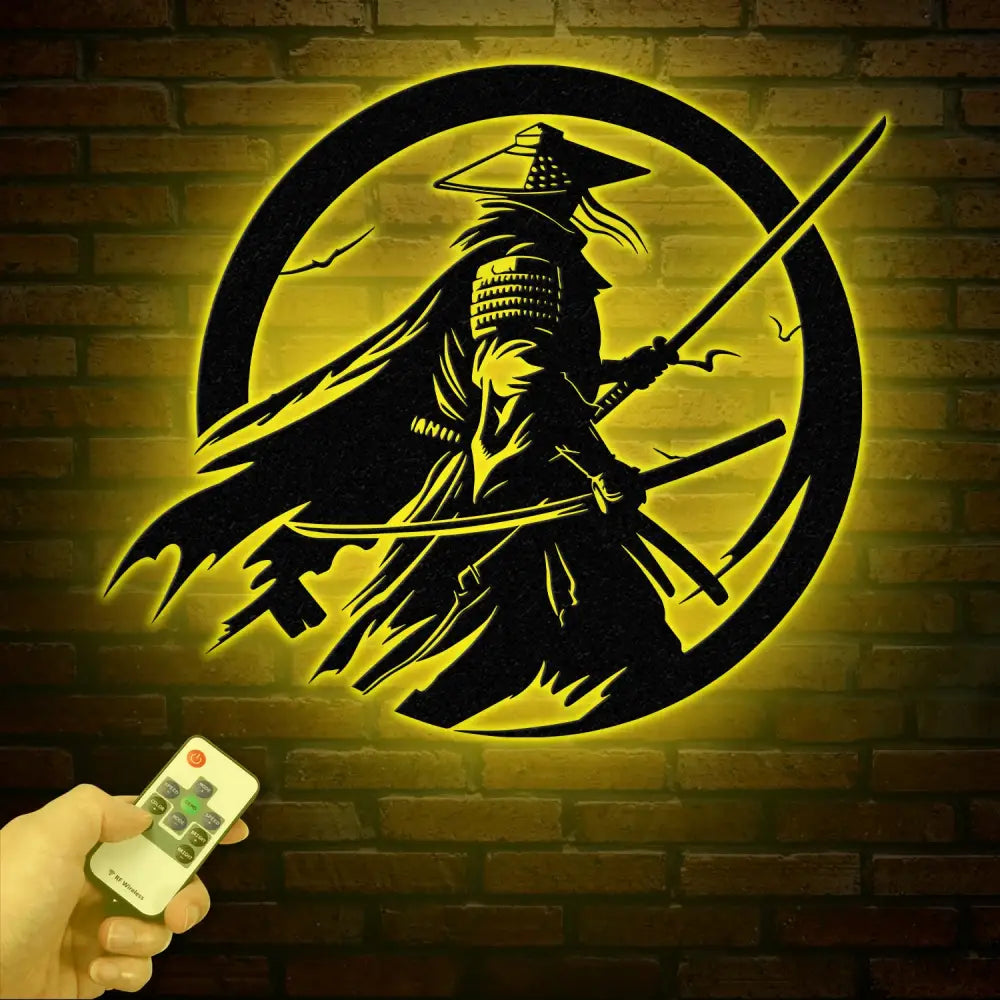 Custom Samurai Metal Wall Art with LED Lights Personalized Japanese Warrior Silhouette Decor Man Cave Night Light or
