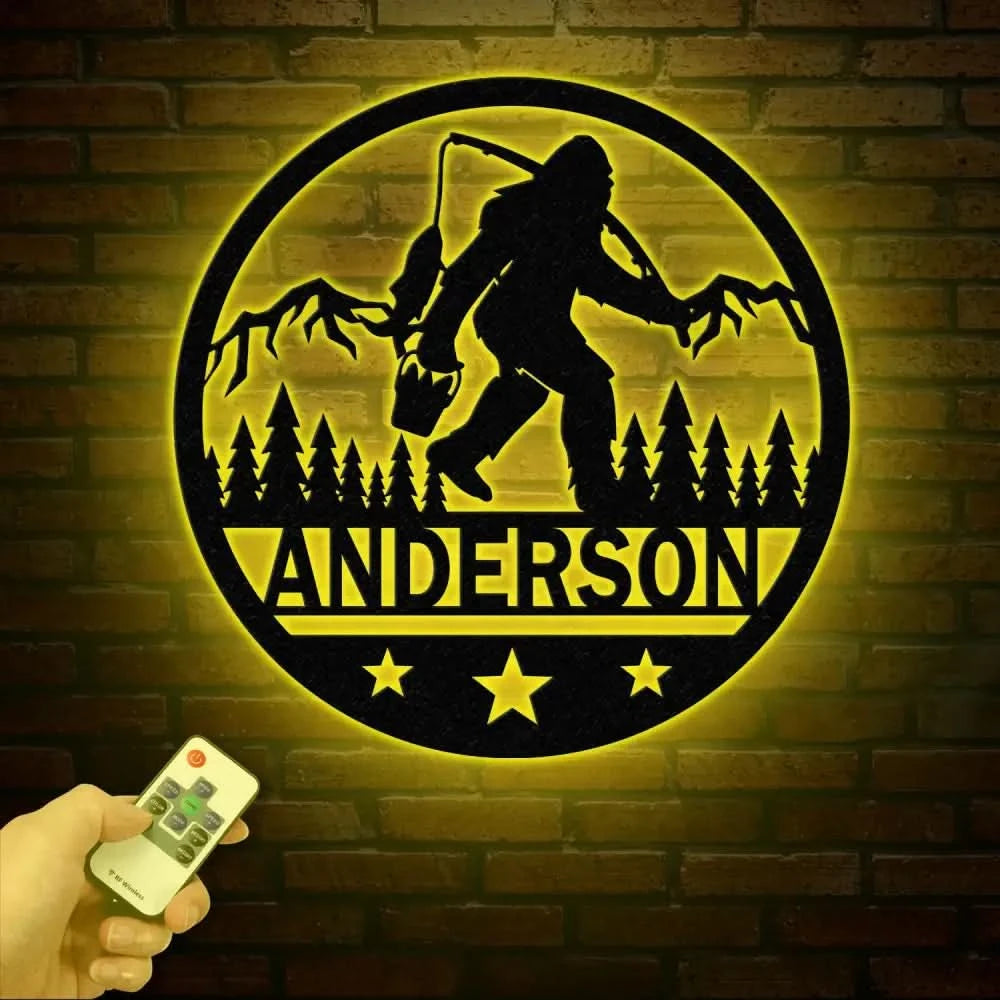 Custom Sasquatch Fishing Metal Sign - Bigfoot Mountain Yard Art Personalized Metal Yeti Sign Outdoor Bigfoot Yard Decor