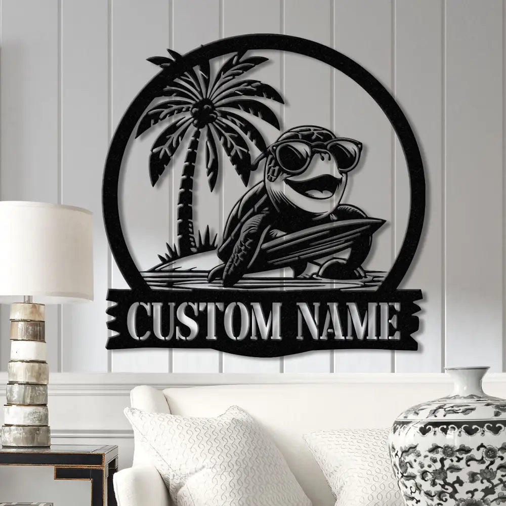 Custom Sea Turtle Surfing Metal Sign With Led Lights Personalized Beach Sign Family Name Sign Outdoor Name Sign Wedding