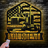 Custom Semi Truck Driver US Flag Metal Wall Art LED Light Personalized Trucker Name Sign Man Cave Decor