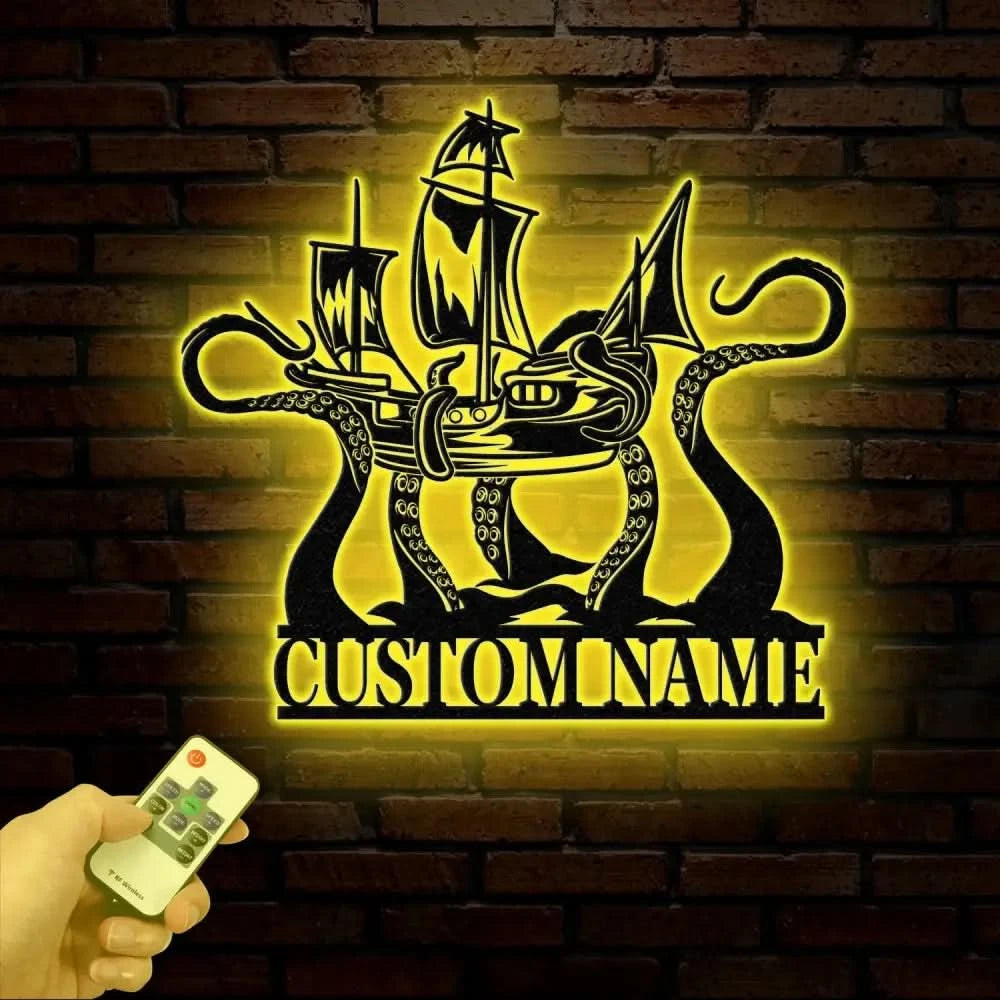 Custom Ship Octopus Metal Wall Art with LED Light – Personalized Kraken Octopus Name Sign – Ocean Sea Monster