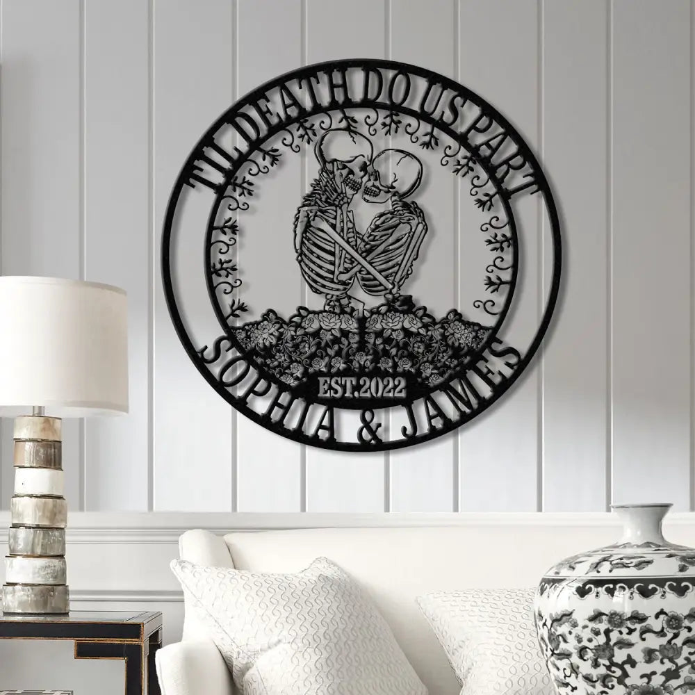 Custom Skeleton Couple Kissing Metal Wall Art with LED Light Gothic Home Decor Skull Lover Gift Halloween or