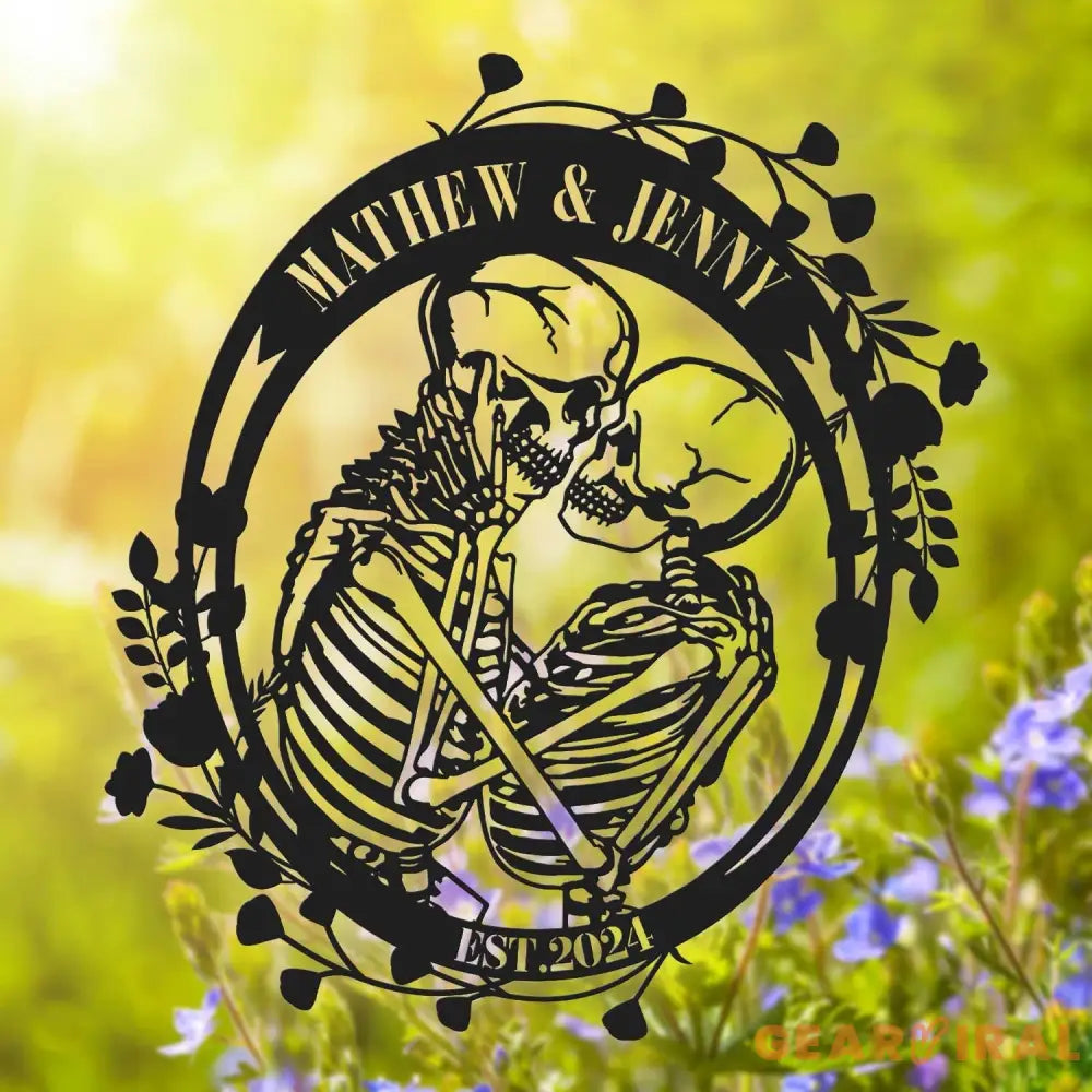 Custom Skeleton Couple Kissing with Roses Metal Wall Led Light - Skull Lover Gift - Gothic Home Decor - Wedding Gift