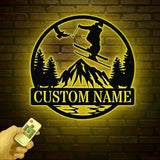 Custom Skiing Metal Sign with LED Lights - Personalized Ski Wall Art - Skier Gift & Monogram - Ski Home Decor & Snow