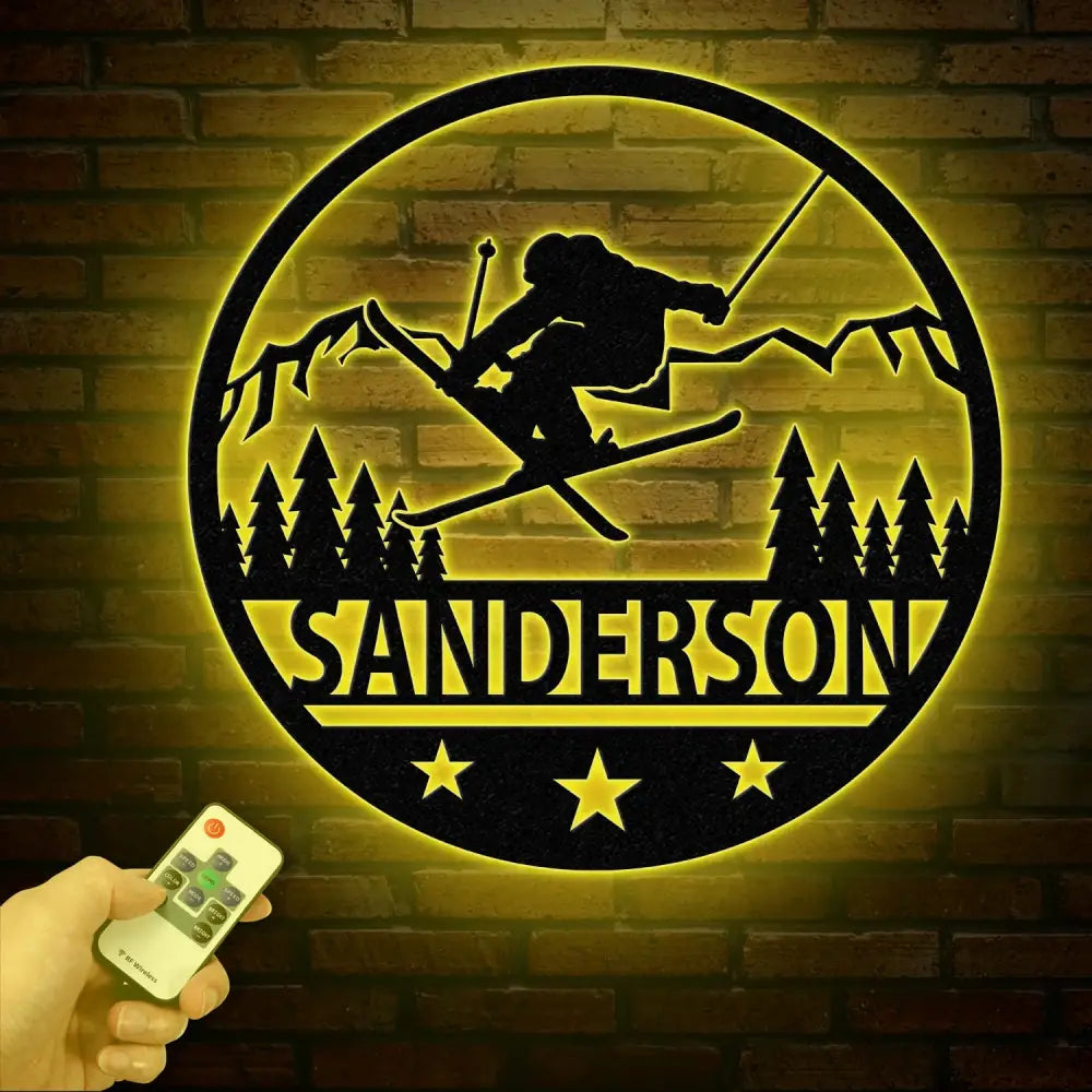 Custom Skiing Metal Sign with LED Lights - Personalized Ski Wall Art - Skier Gift & Monogram - Ski Home Decor & Snow