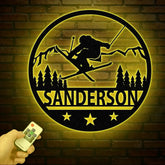 Custom Skiing Metal Sign with LED Lights - Personalized Ski Wall Art - Skier Gift & Monogram - Ski Home Decor & Snow