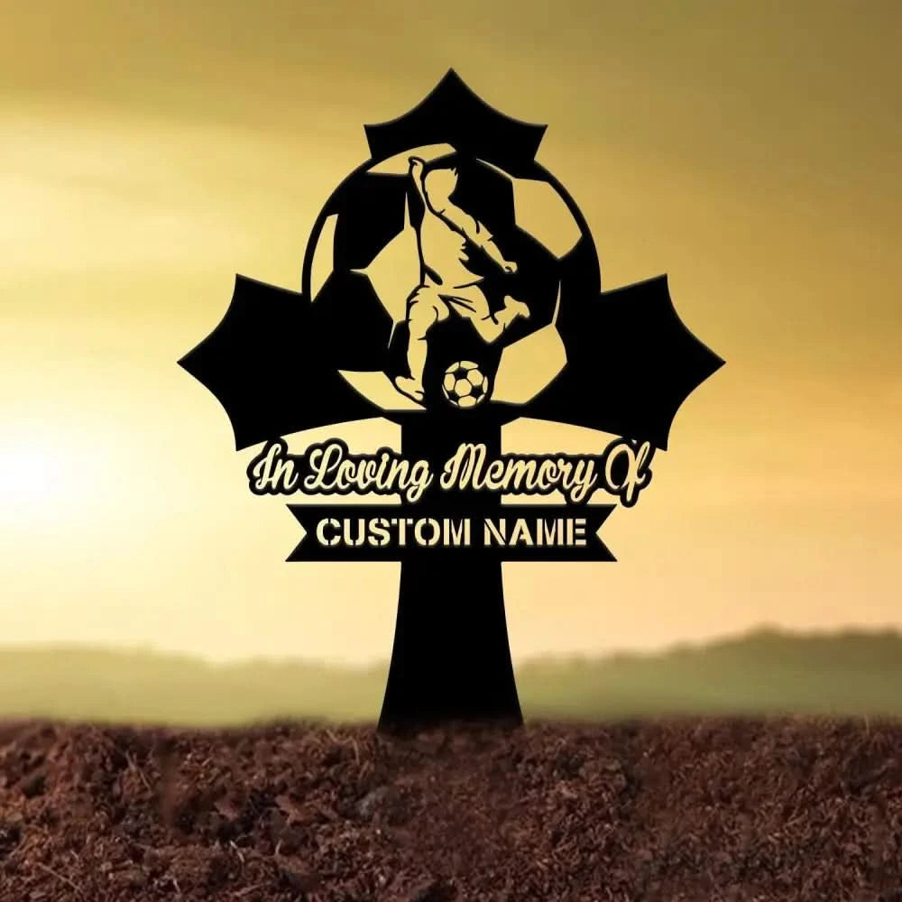 Custom Soccer Player Memorial Plaque Cross Stake Grave Markers Soccer Player Loss Sympathy Sign Remembrance Stake