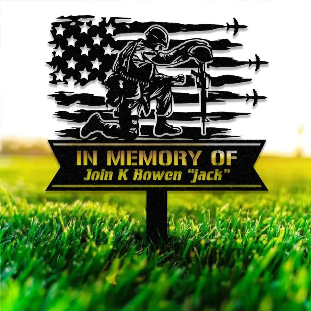 Custom Soldier Kneeling Metal Memorial Stake Soldier Kneeling at Cross Army Memorial Remembrance Stake Sympathy Sign