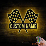 Custom Start Finish Racing Flag Metal Wall Art LED Light Personalized Race Checkered Flag Name Sign Home Decor Checker
