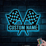 Custom Start Finish Racing Flag Metal Wall Art LED Light Personalized Race Checkered Flag Name Sign Home Decor Checker
