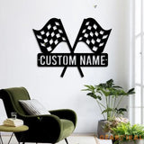 Custom Start Finish Racing Flag Metal Wall Art LED Light Personalized Race Checkered Flag Name Sign Home Decor Checker
