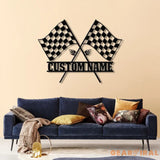 Custom Start Finish Racing Flag Metal Wall Art with LED Lights Personalized Checkered Flag Name Sign Home Decor & Race
