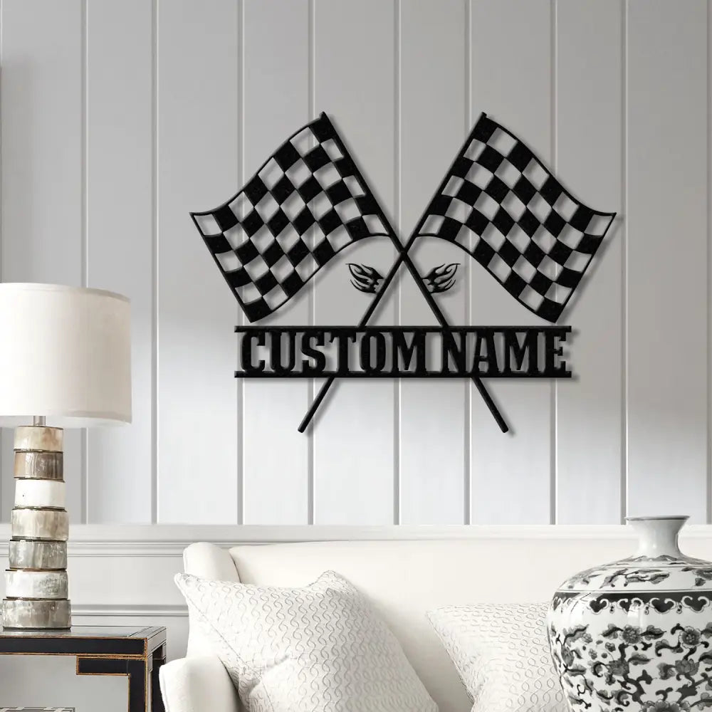Custom Start Finish Racing Flag Metal Wall Art with LED Lights Personalized Checkered Flag Name Sign Home Decor & Race