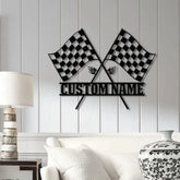 Custom Start Finish Racing Flag Metal Wall Art with LED Lights Personalized Checkered Flag Name Sign Home Decor & Race