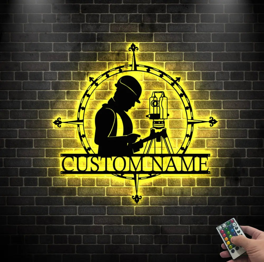 Custom Surveyor Engineer Metal Wall Art LED Light Personalized Geodetic Device Name Sign Decor Tool Scale Construction